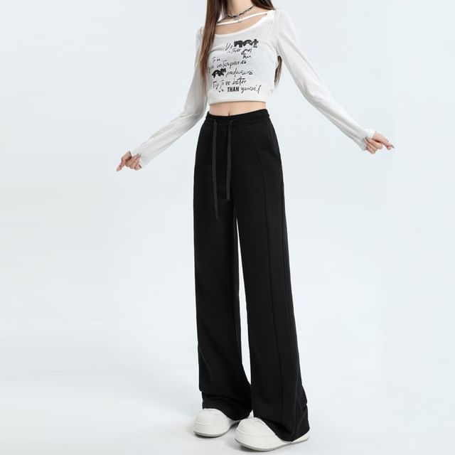 Denimot-Mid Waist Plain Wide Leg Pants