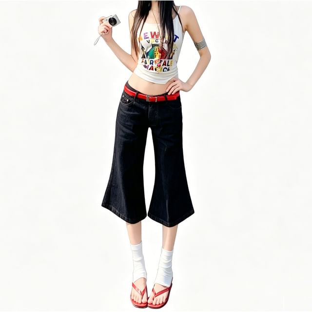 Denimot-Mid Waist Slim Fit Flared Jorts