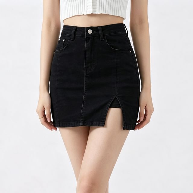 Denimot-Mid Waist Slit Hem Denim Mini Skort