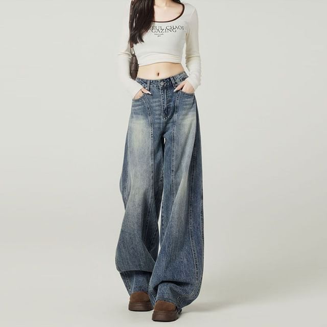 Denimot-Mid Waist Washed Baggy Jeans