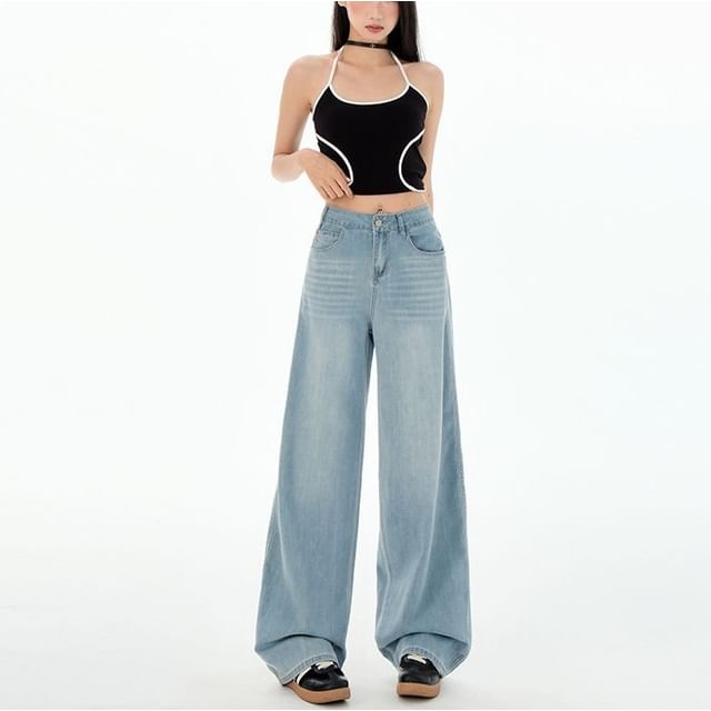 Denimot-Mid Waist Washed Baggy Jeans