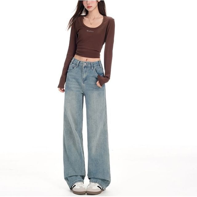 Denimot-Mid Waist Washed Baggy Jeans
