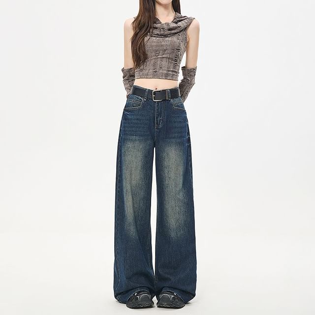 Denimot-Mid Waist Washed Baggy Jeans
