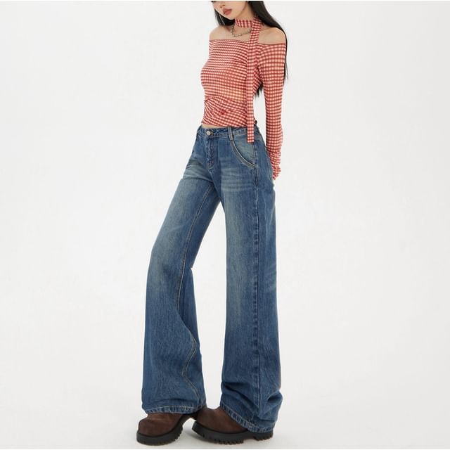 Denimot-Mid Waist Washed Bootcut Jeans Various Designs