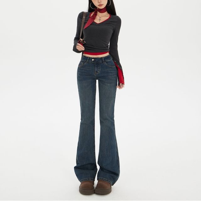 Denimot-Mid Waist Washed Bootcut Jeans Various Designs