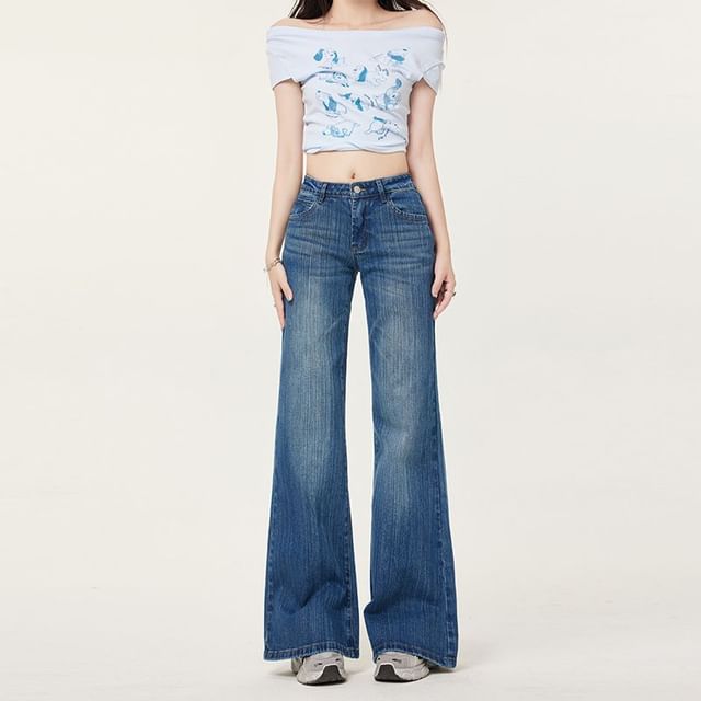Denimot-Mid Waist Washed Bootcut Jeans Various Designs