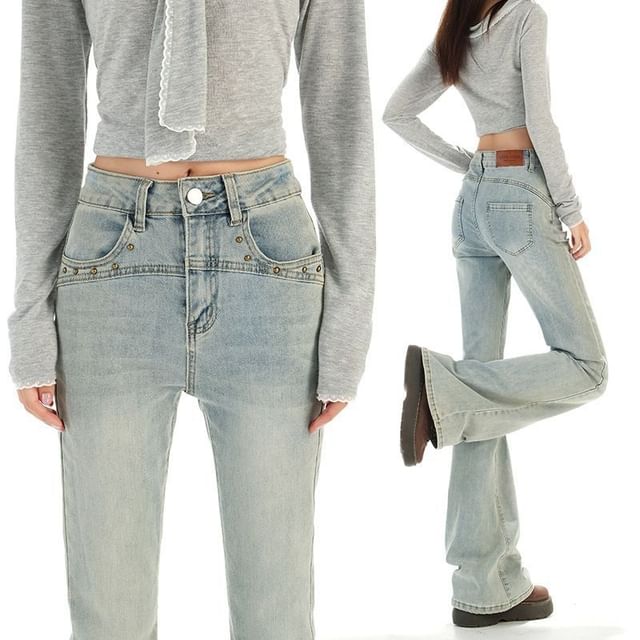 Denimot-Mid Waist Washed Bootcut Jeans Various Designs