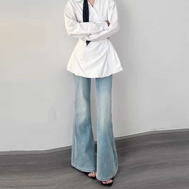 Denimot-Mid Waist Washed Bootcut Jeans