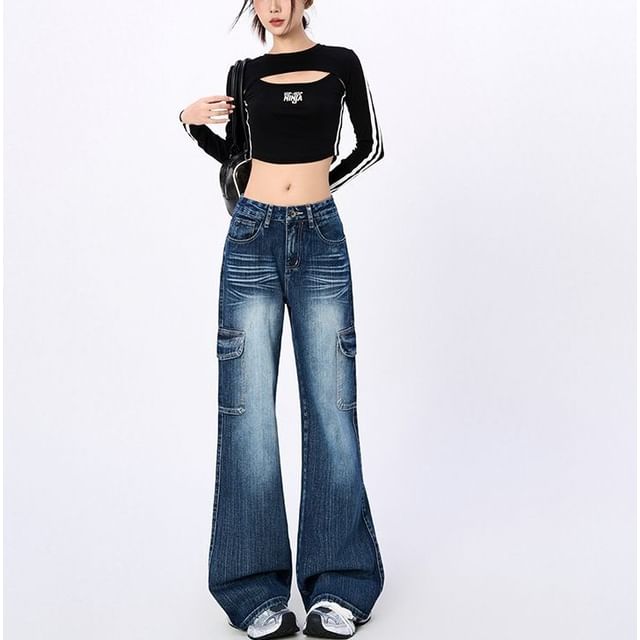 Denimot-Mid Waist Washed Flared Jeans