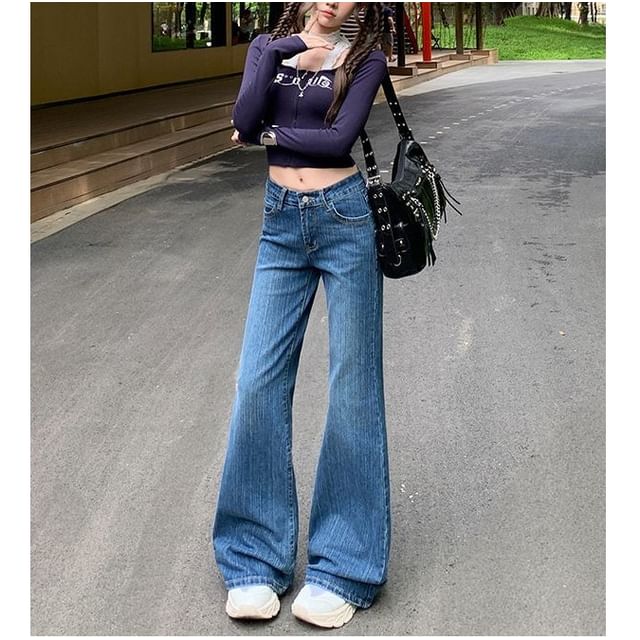 Denimot-Mid Waist Washed Flared Jeans