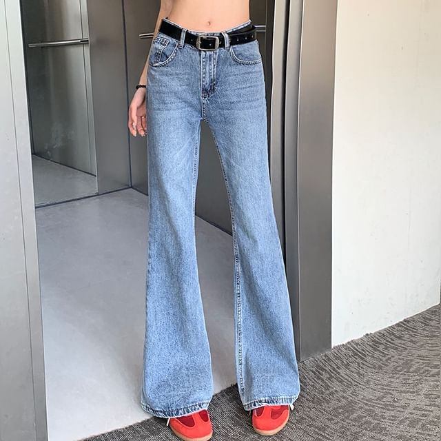 Denimot-Mid Waist Washed Flared Jeans