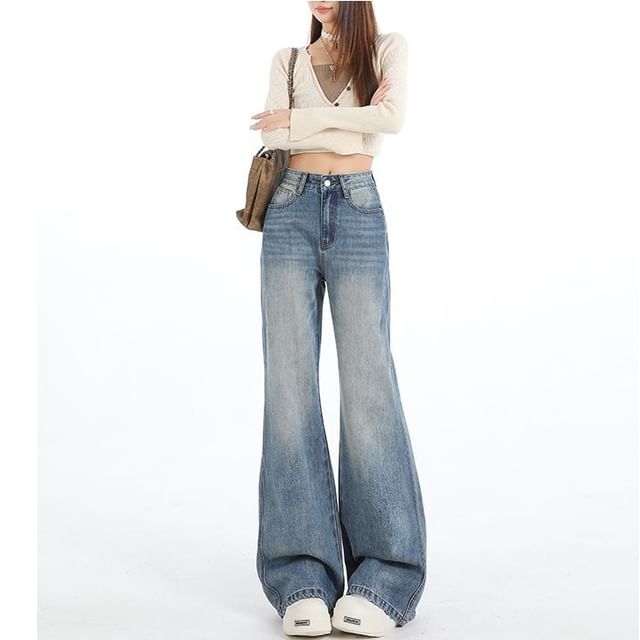 Denimot-Mid Waist Washed Flared Jeans Various Designs
