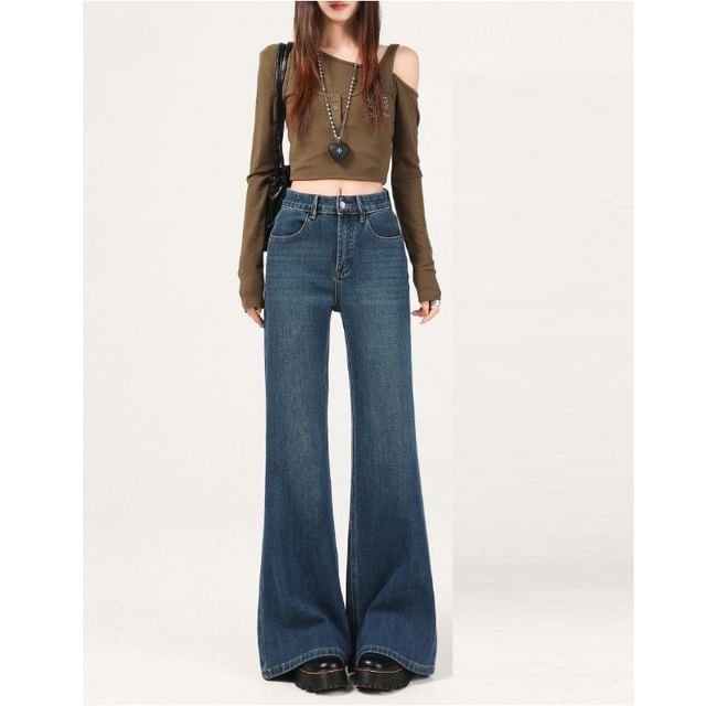 Denimot-Mid Waist Washed Flared Jeans Various Designs