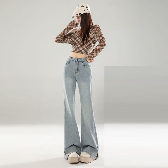 Denimot-Mid Waist Washed Flared Jeans Various Designs