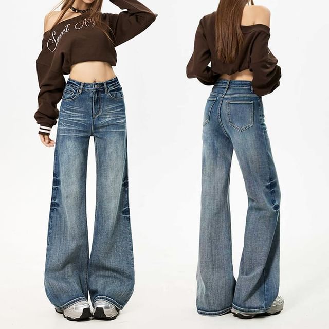Denimot-Mid Waist Washed Flared Jeans Various Designs