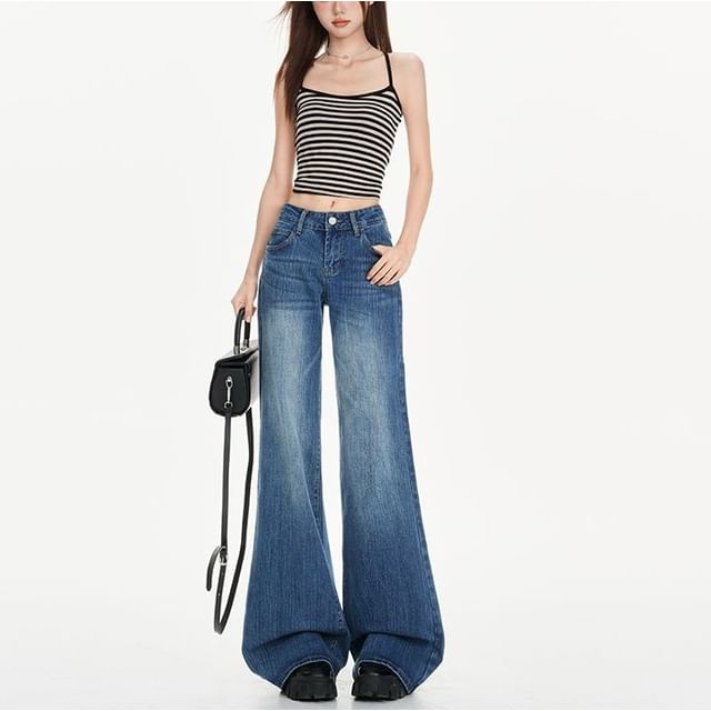 Denimot-Mid Waist Washed Flared Jeans Various Designs