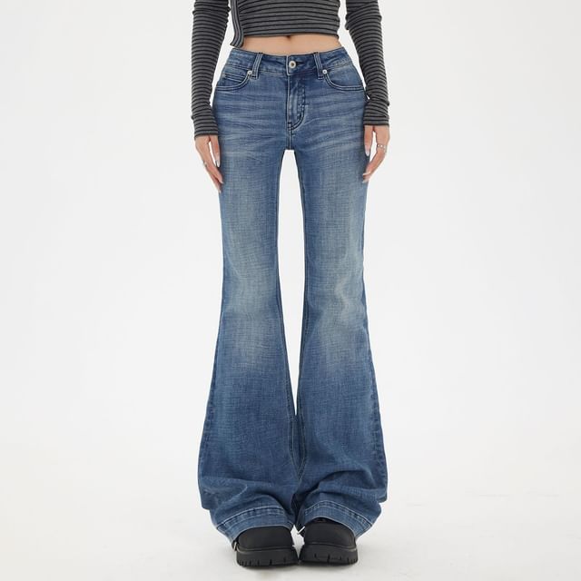 Denimot-Mid Waist Washed Flared Jeans Various Designs