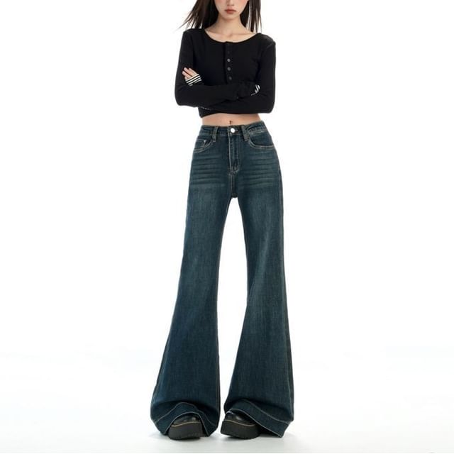 Denimot-Mid Waist Washed Flared Jeans Various Designs