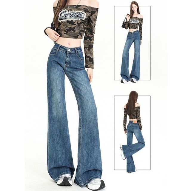 Denimot-Mid Waist Washed Flared Jeans Various Designs