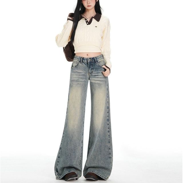 Denimot-Mid Waist Washed Flared Jeans Various Designs