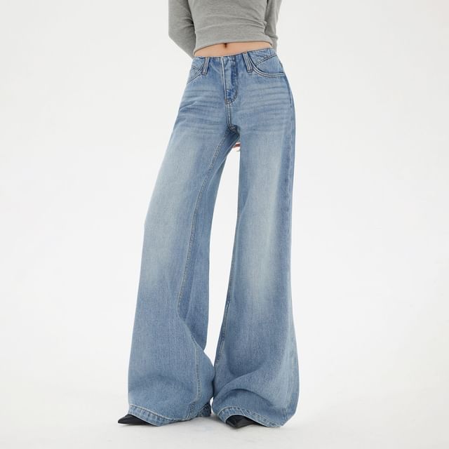 Denimot-Mid Waist Washed Flared Jeans Various Designs