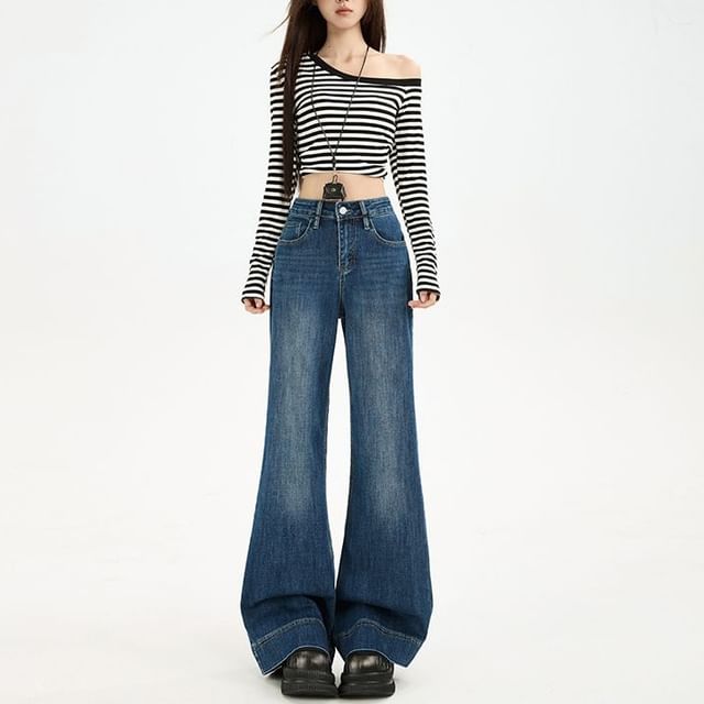 Denimot-Mid Waist Washed Flared Jeans Various Designs