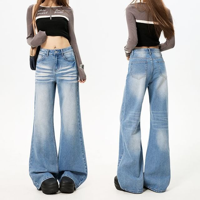 Denimot-Mid Waist Washed Flared Jeans Various Designs