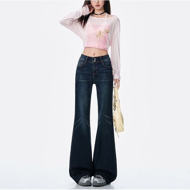 Denimot-Mid Waist Washed Flared Jeans Various Designs