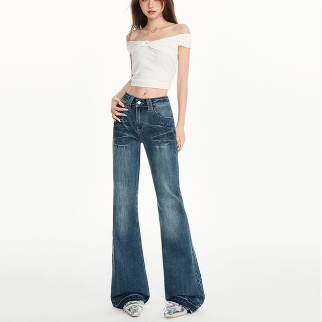 Denimot-Mid Waist Washed Flared Jeans Various Designs