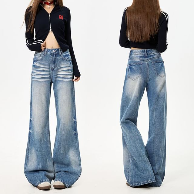 Denimot-Mid Waist Washed Flared Jeans Various Designs