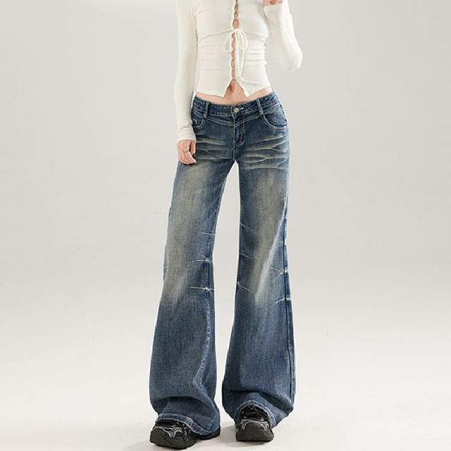 Denimot-Mid Waist Washed Flared Jeans Various Designs