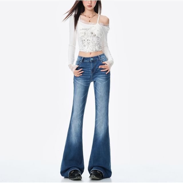 Denimot-Mid Waist Washed Flared Jeans Various Designs