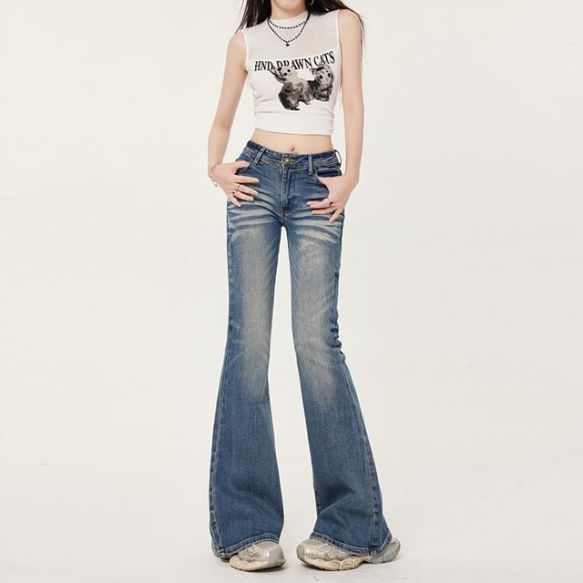 Denimot-Mid Waist Washed Flared Jeans Various Designs