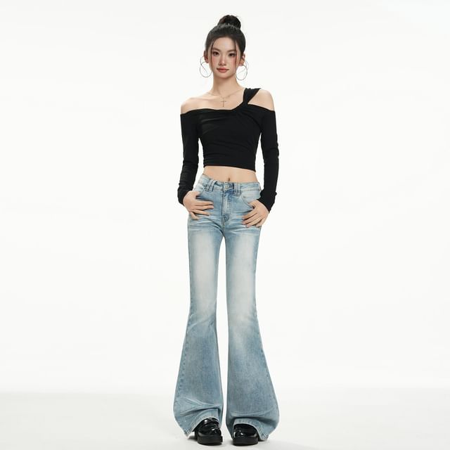 Denimot-Mid Waist Washed Flared Jeans Various Designs