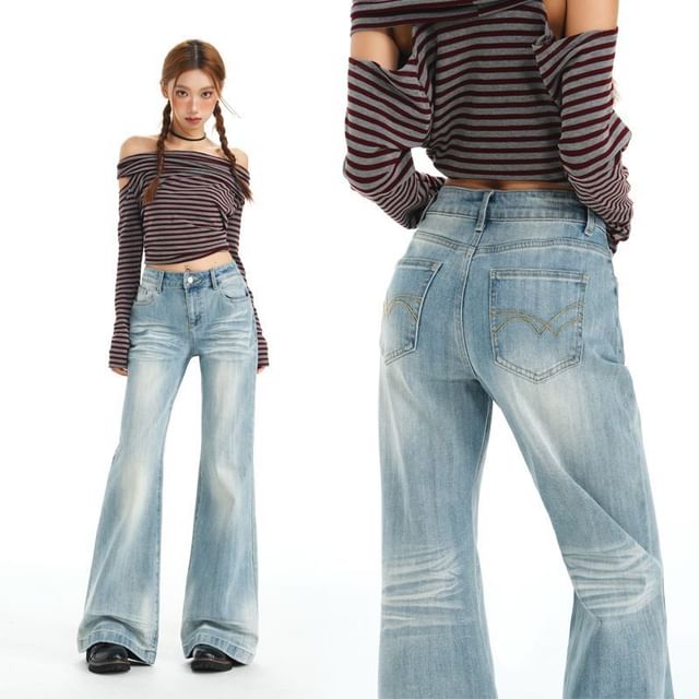 Denimot-Mid Waist Washed Flared Jeans Various Designs