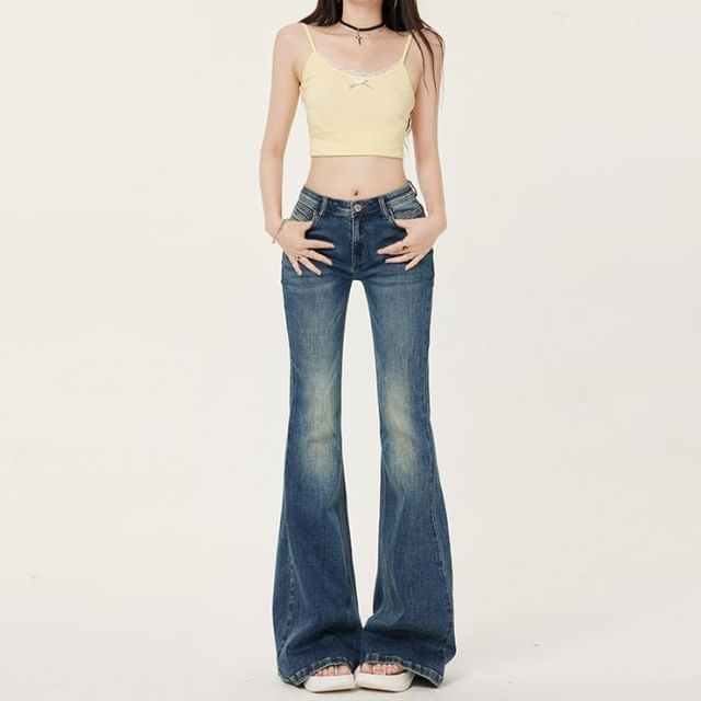 Denimot-Mid Waist Washed Flared Jeans Various Designs