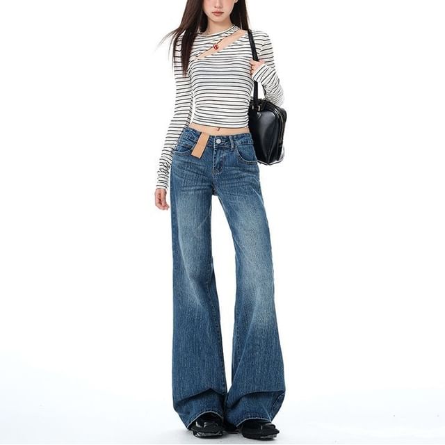 Denimot-Mid Waist Washed Flared Jeans Various Designs