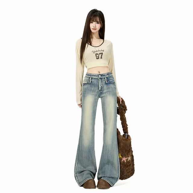 Denimot-Mid Waist Washed Flared Jeans Various Designs