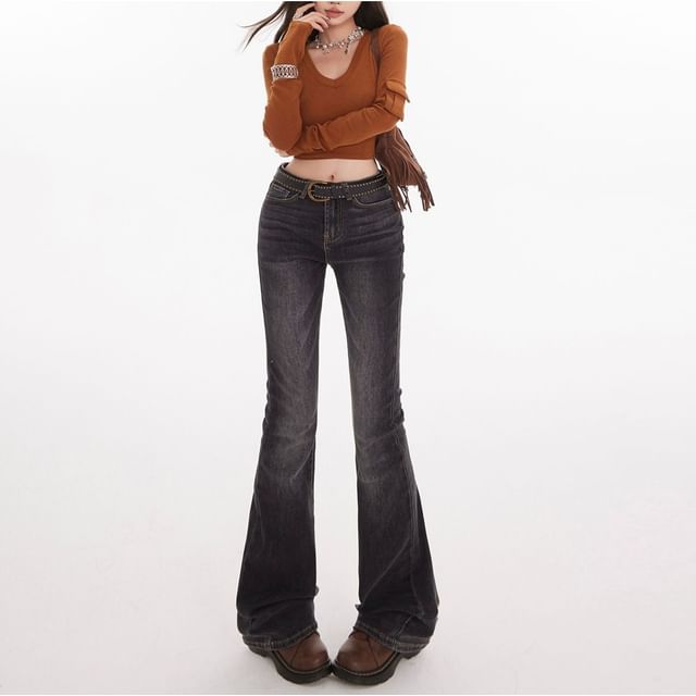 Denimot-Mid Waist Washed Flared Jeans Various Designs