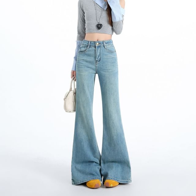 Denimot-Mid Waist Washed Flared Jeans Various Designs