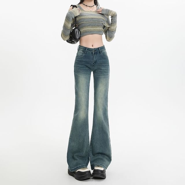 Denimot-Mid Waist Washed Flared Jeans
