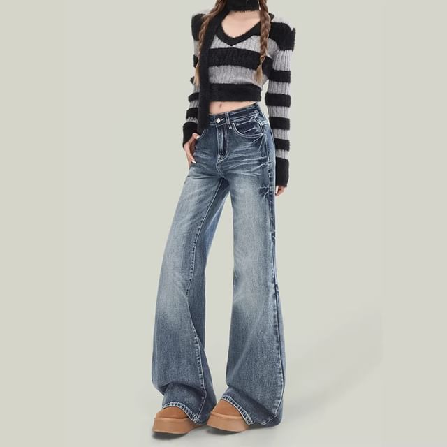Denimot-Mid Waist Washed Flared Jeans