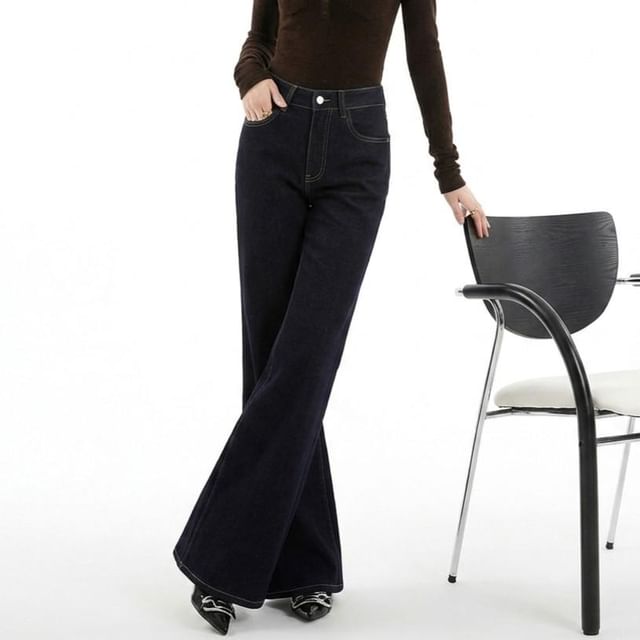 Denimot-Mid Waist Washed Regular Fit Flared Jeans