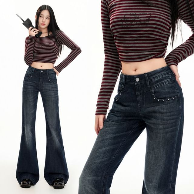 Denimot-Mid Waist Washed Studded Flared Jeans Various Designs