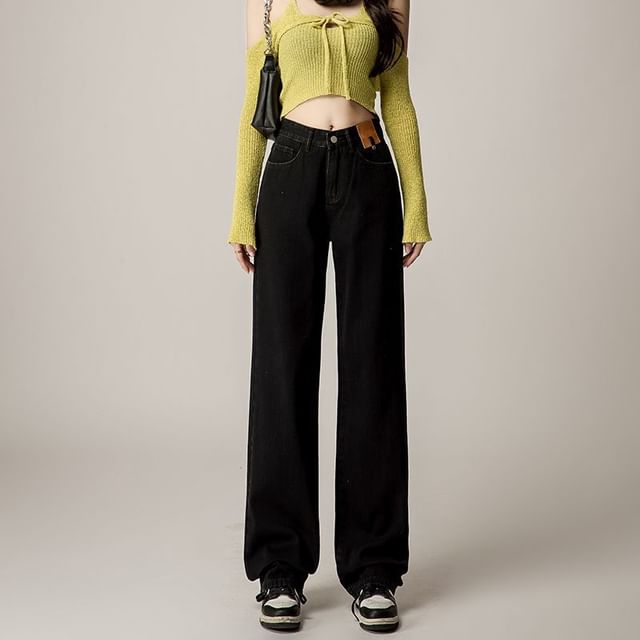 Denimot-Mid Waist Washed Wide Leg Jeans