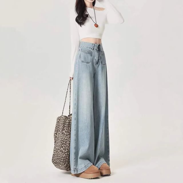 Denimot-Mid Waist Washed Wide Leg Jeans