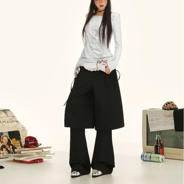 Denimot-Mock Two-Piece High Rise Plain Flared Pants