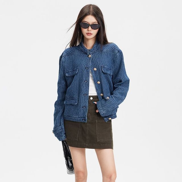 Denimot-Stand Collar Washed Button Denim Jacket