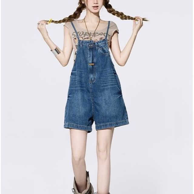 Denimot-Washed Denim Dungaree Shorts