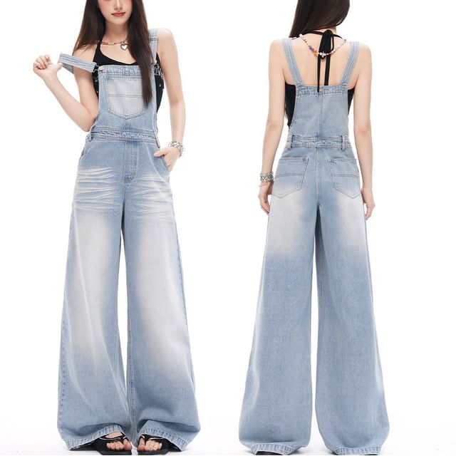 Denimot-Washed Denim Wide Leg Dungaree Pants